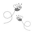 Bee character. Cute flying bees with dotted route. Vector cartoon insect illustration. Royalty Free Stock Photo